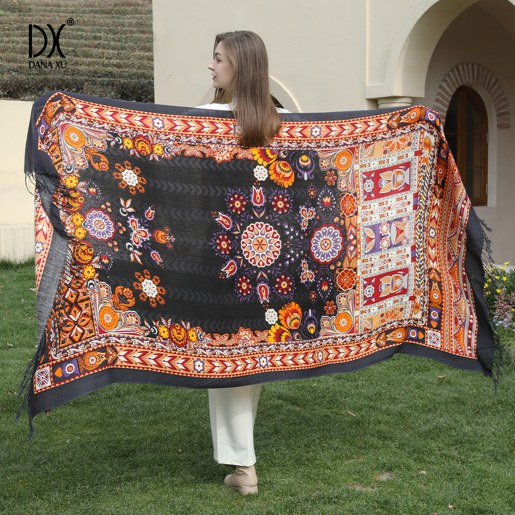 DANA XU 100% Merino Wool Extra Large Pashmina Blanket Travel Scarf Cashmere Wrap for Women Fall Winter Oversize Shawl Floral