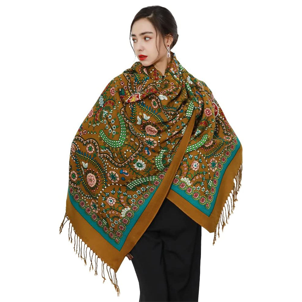 DANA XU 100% Merino Wool Extra Large Pashmina Blanket Travel Scarf Cashmere Wrap for Women Fall Winter Oversize Shawl Floral