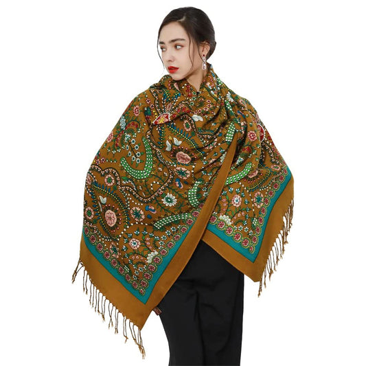 DANA XU 100% Merino Wool Extra Large Pashmina Blanket Travel Scarf Cashmere Wrap for Women Fall Winter Oversize Shawl Floral