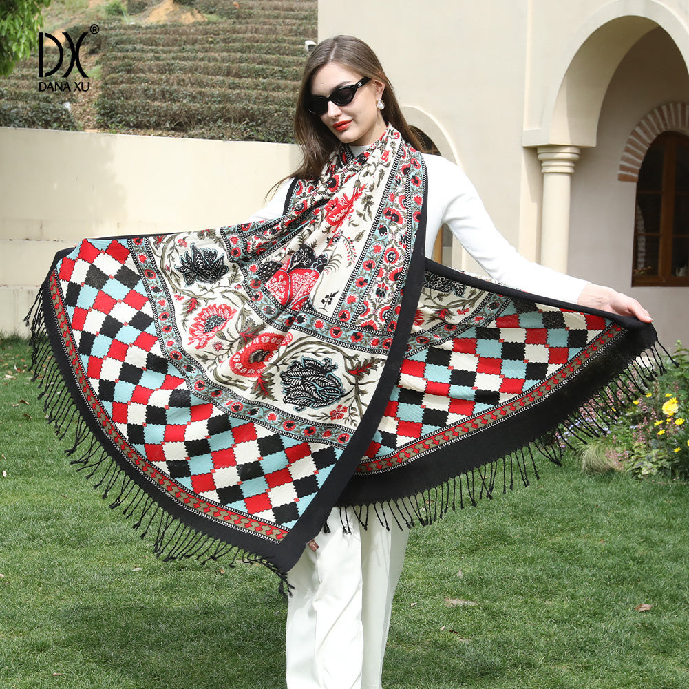 DANA XU 100% Merino Wool Extra Large Pashmina Blanket Travel Scarf Cashmere Wrap for Women Fall Winter Oversize Shawl Floral
