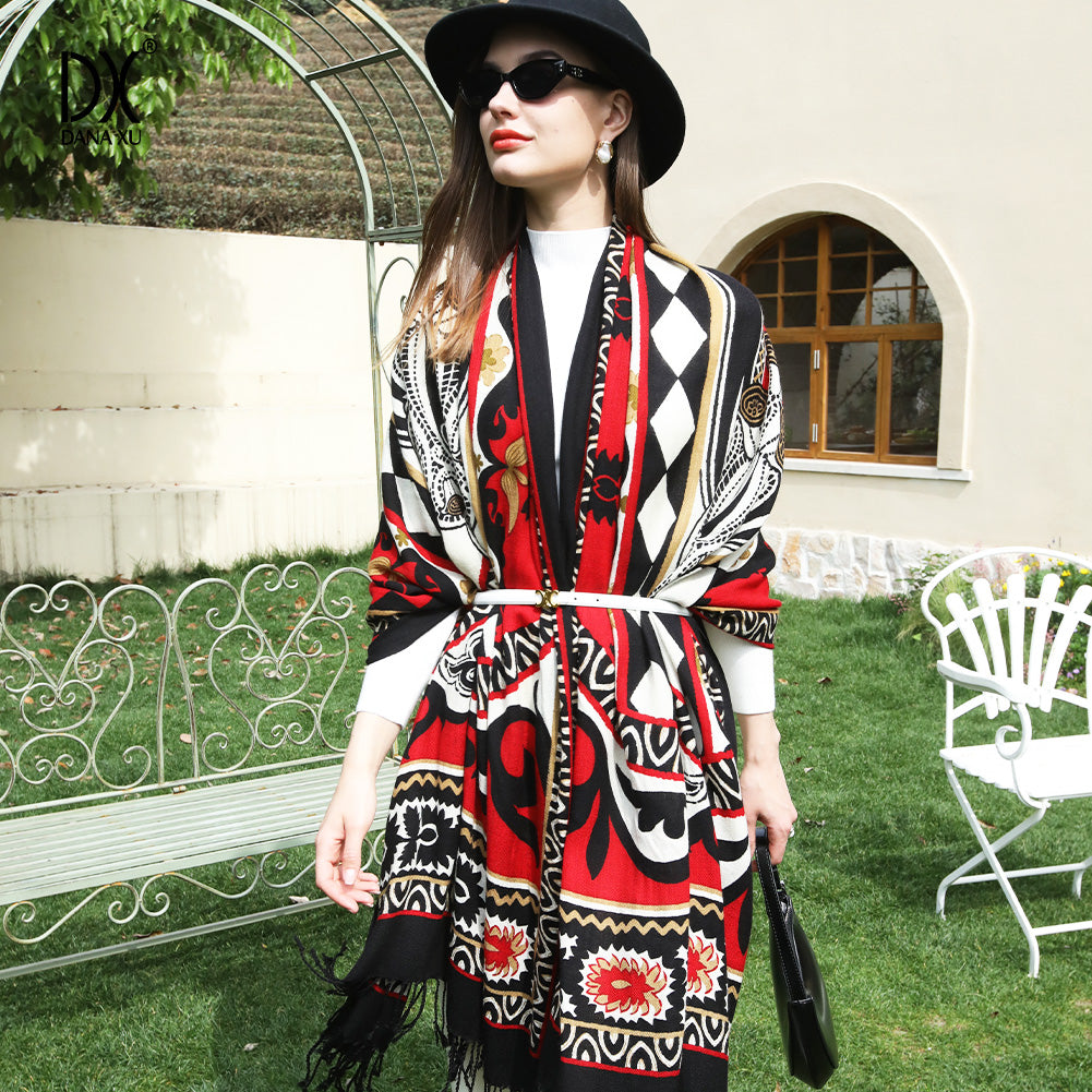 DANA XU 100% Merino Wool Extra Large Pashmina Blanket Travel Scarf Cashmere Wrap for Women Fall Winter Oversize Shawl Floral