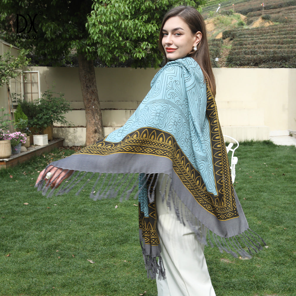 DANA XU 100% Merino Wool Extra Large Pashmina Blanket Travel Scarf Cashmere Wrap for Women Fall Winter Oversize Shawl Floral