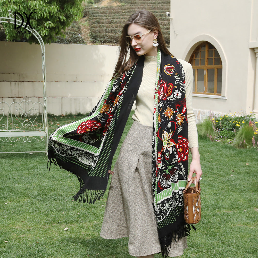DANA XU 100% Merino Wool Extra Large Pashmina Blanket Travel Scarf Cashmere Wrap for Women Fall Winter Oversize Shawl Floral