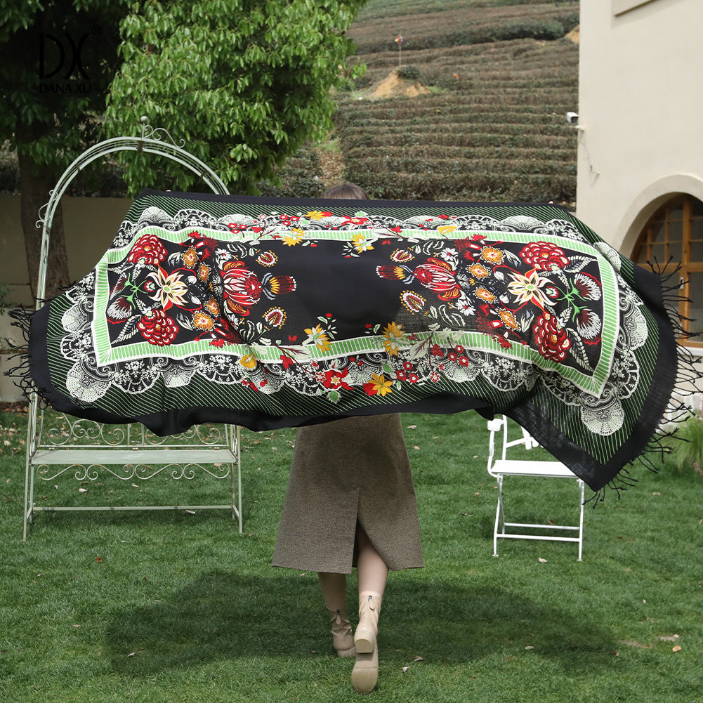 DANA XU 100% Merino Wool Extra Large Pashmina Blanket Travel Scarf Cashmere Wrap for Women Fall Winter Oversize Shawl Floral