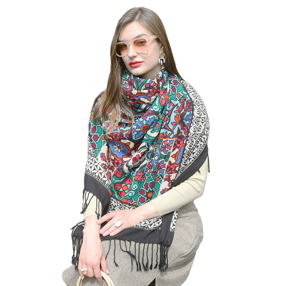DANA XU 100% Merino Wool Extra Large Pashmina Blanket Travel Scarf Cashmere Wrap for Women Fall Winter Oversize Shawl Floral