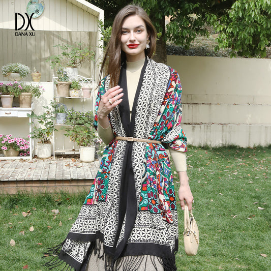 DANA XU 100% Merino Wool Extra Large Pashmina Blanket Travel Scarf Cashmere Wrap for Women Fall Winter Oversize Shawl Floral