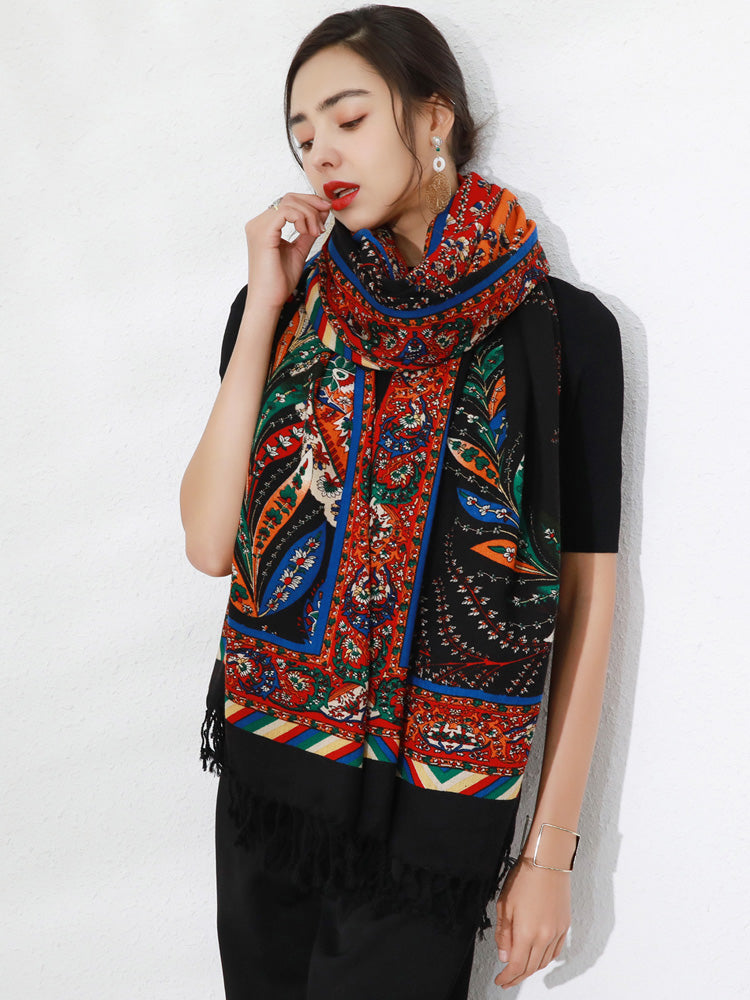 DANA XU 100% Merino Wool Extra Large Pashmina Blanket Travel Scarf Cashmere Wrap for Women Fall Winter Oversize Shawl Floral