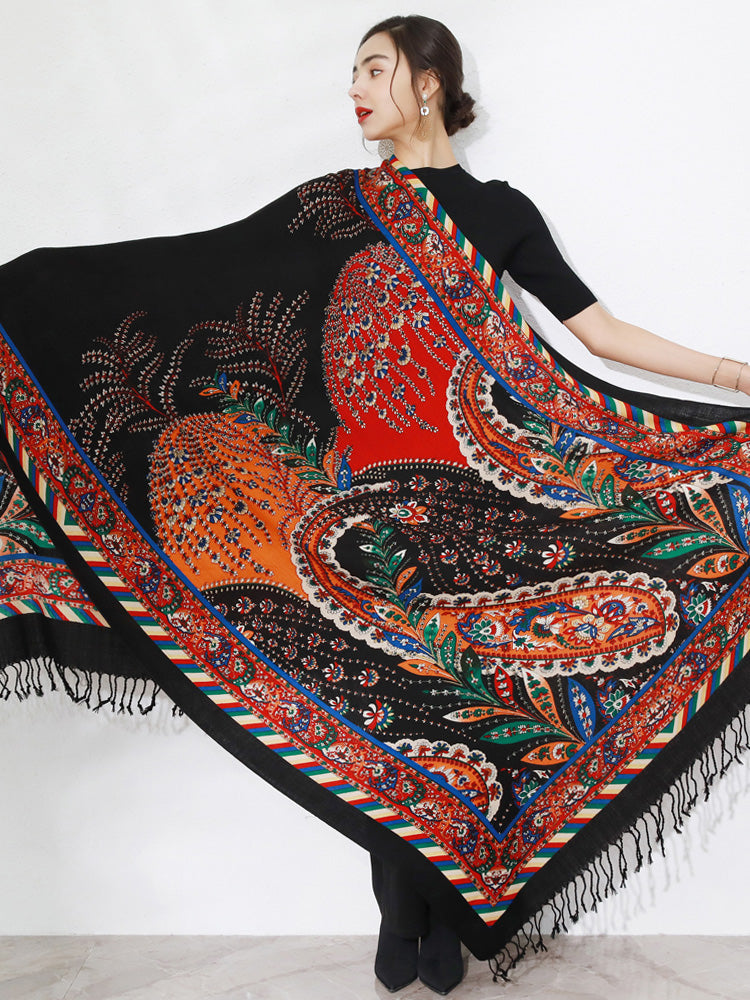 DANA XU 100% Merino Wool Extra Large Pashmina Blanket Travel Scarf Cashmere Wrap for Women Fall Winter Oversize Shawl Floral