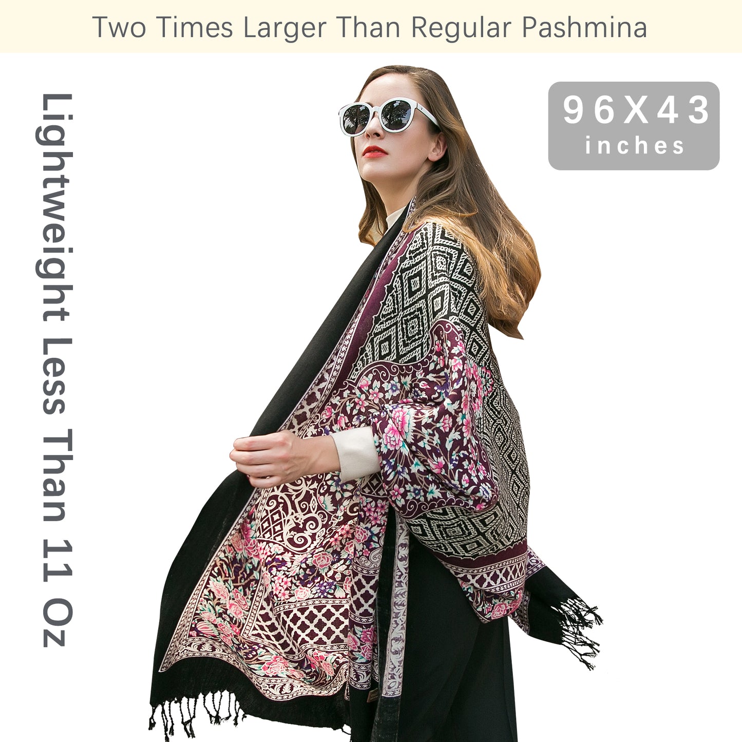 DANA XU 100% Merino Wool Extra Large Pashmina Blanket Travel Scarf Cashmere Wrap for Women Fall Winter Oversize Shawl Floral