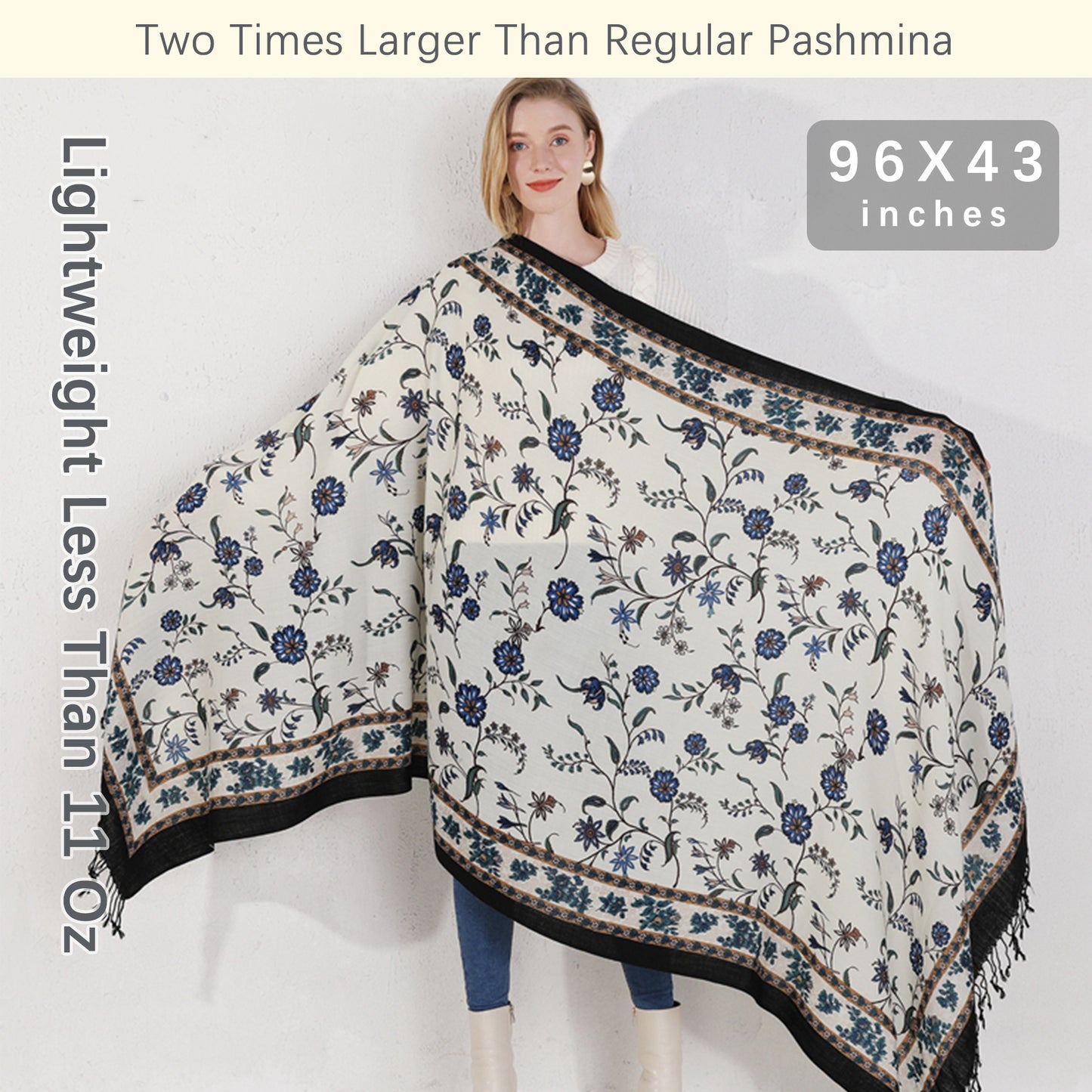 DANA XU 100% Merino Wool Extra Large Pashmina Blanket Travel Scarf Cashmere Wrap for Women Fall Winter Oversize Shawl Floral