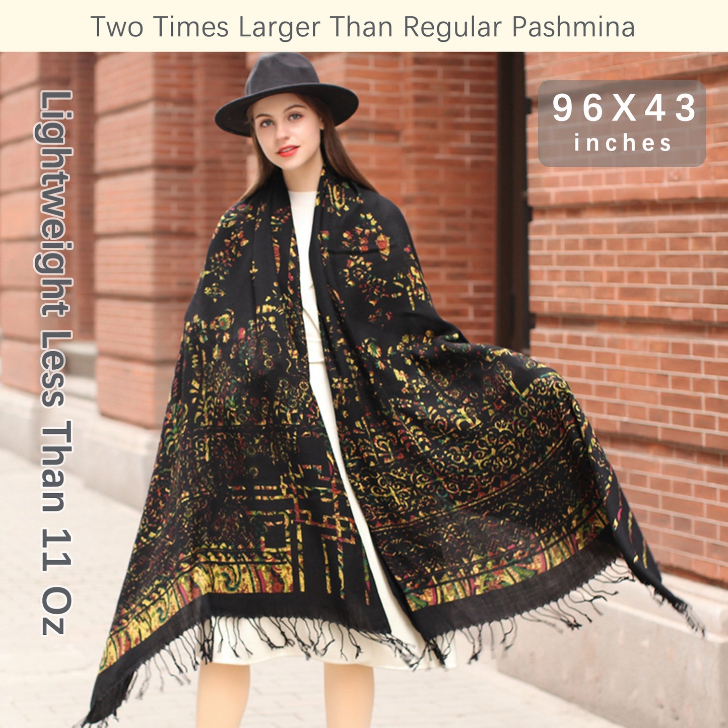 DANA XU 100% Merino Wool Extra Large Pashmina Blanket Travel Scarf Cashmere Wrap for Women Fall Winter Oversize Shawl Floral