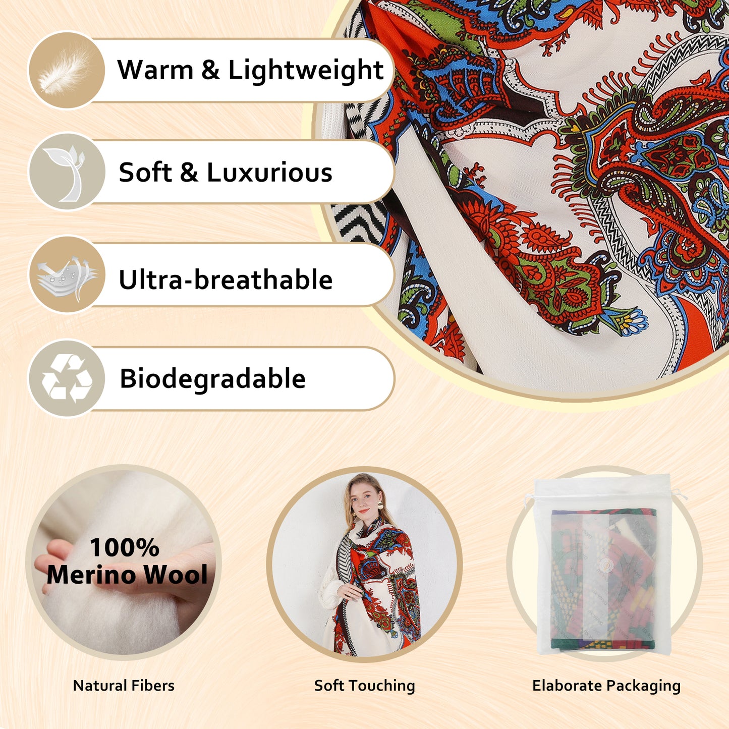 DANA XU 100% Merino Wool Extra Large Pashmina Blanket Travel Scarf Cashmere Wrap for Women Fall Winter Oversize Shawl Floral