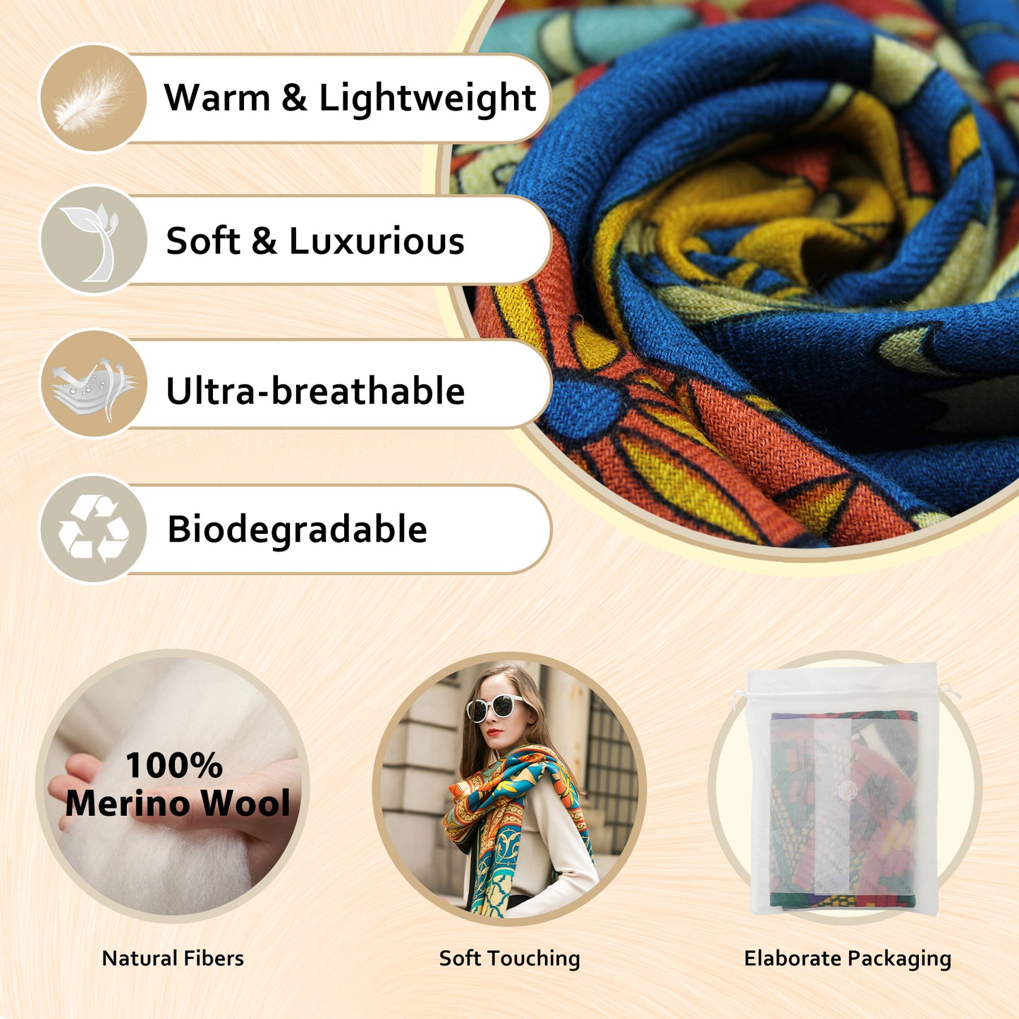 DANA XU 100% Merino Wool Extra Large Pashmina Blanket Travel Scarf Cashmere Wrap for Women Fall Winter Oversize Shawl Floral