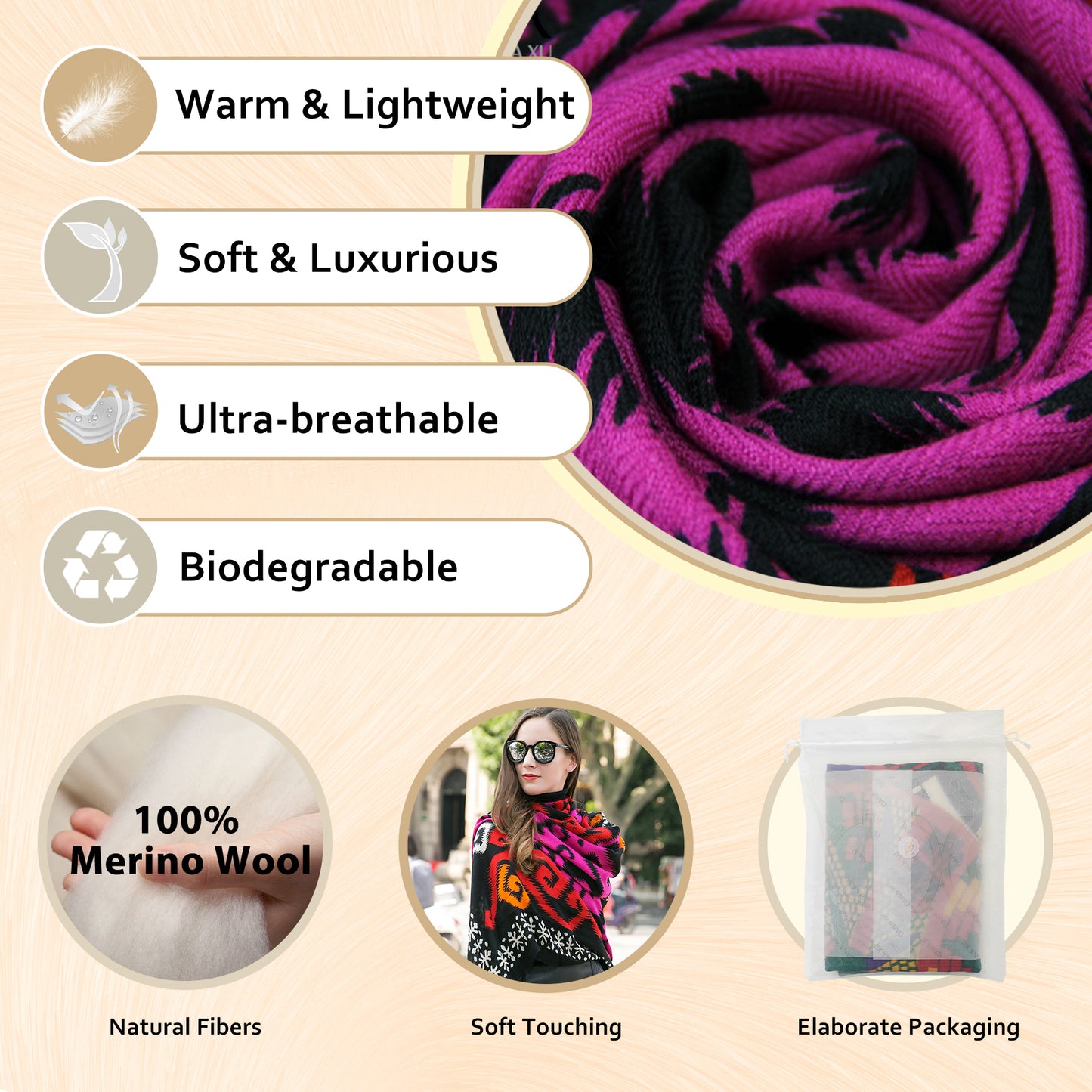 DANA XU 100% Merino Wool Extra Large Pashmina Blanket Travel Scarf Cashmere Wrap for Women Fall Winter Oversize Shawl Floral