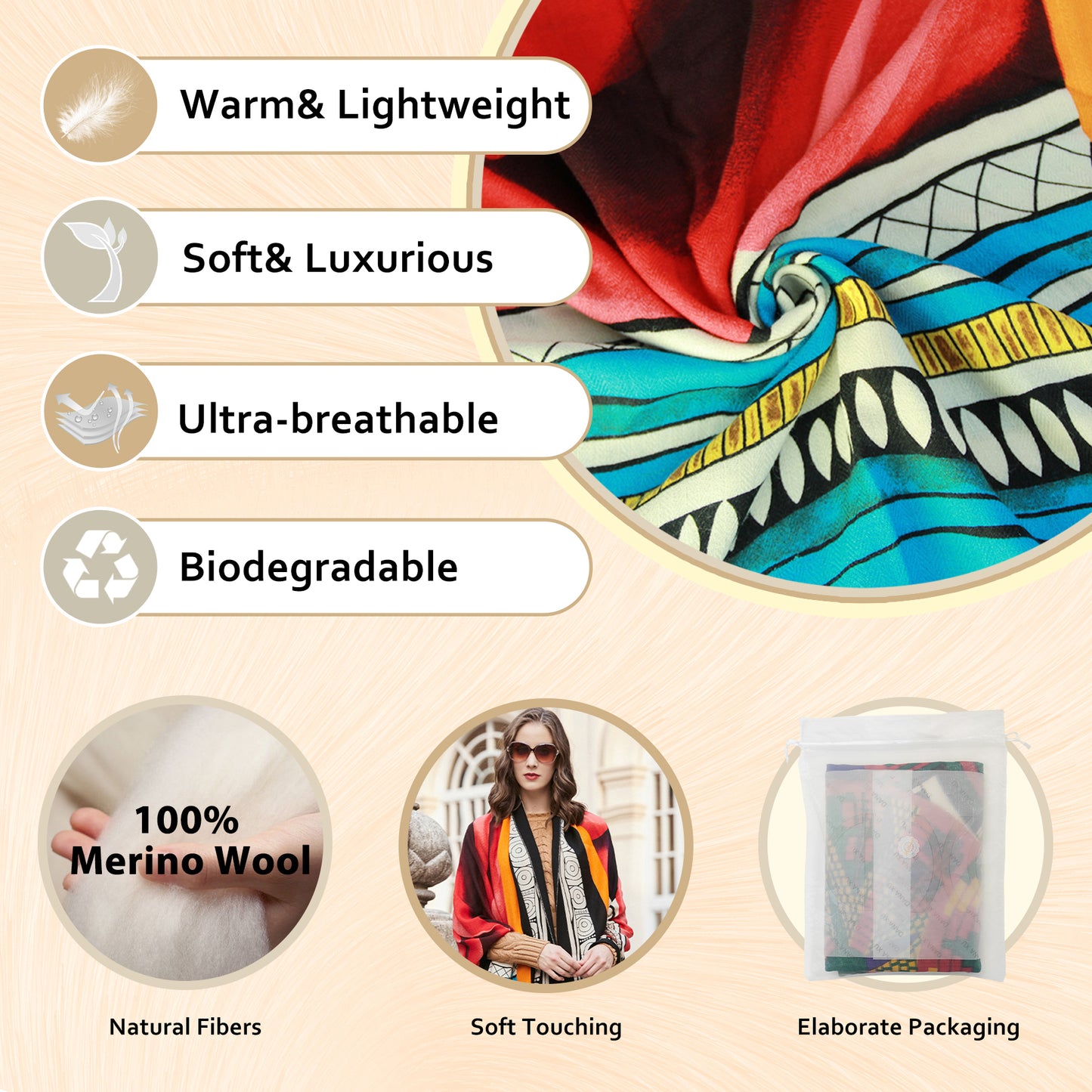 DANA XU 100% Merino Wool Extra Large Pashmina Blanket Travel Scarf Cashmere Wrap for Women Fall Winter Oversize Shawl Floral