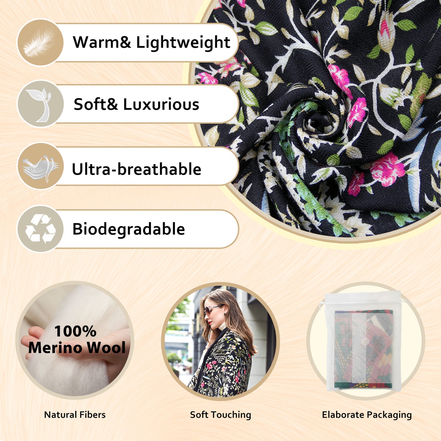 DANA XU 100% Merino Wool Extra Large Pashmina Blanket Travel Scarf Cashmere Wrap for Women Fall Winter Oversize Shawl Floral