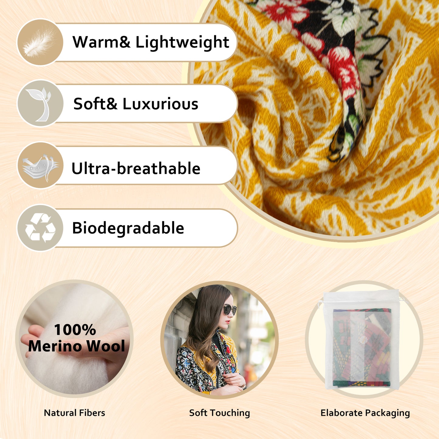 DANA XU 100% Merino Wool Extra Large Pashmina Blanket Travel Scarf Cashmere Wrap for Women Fall Winter Oversize Shawl Floral