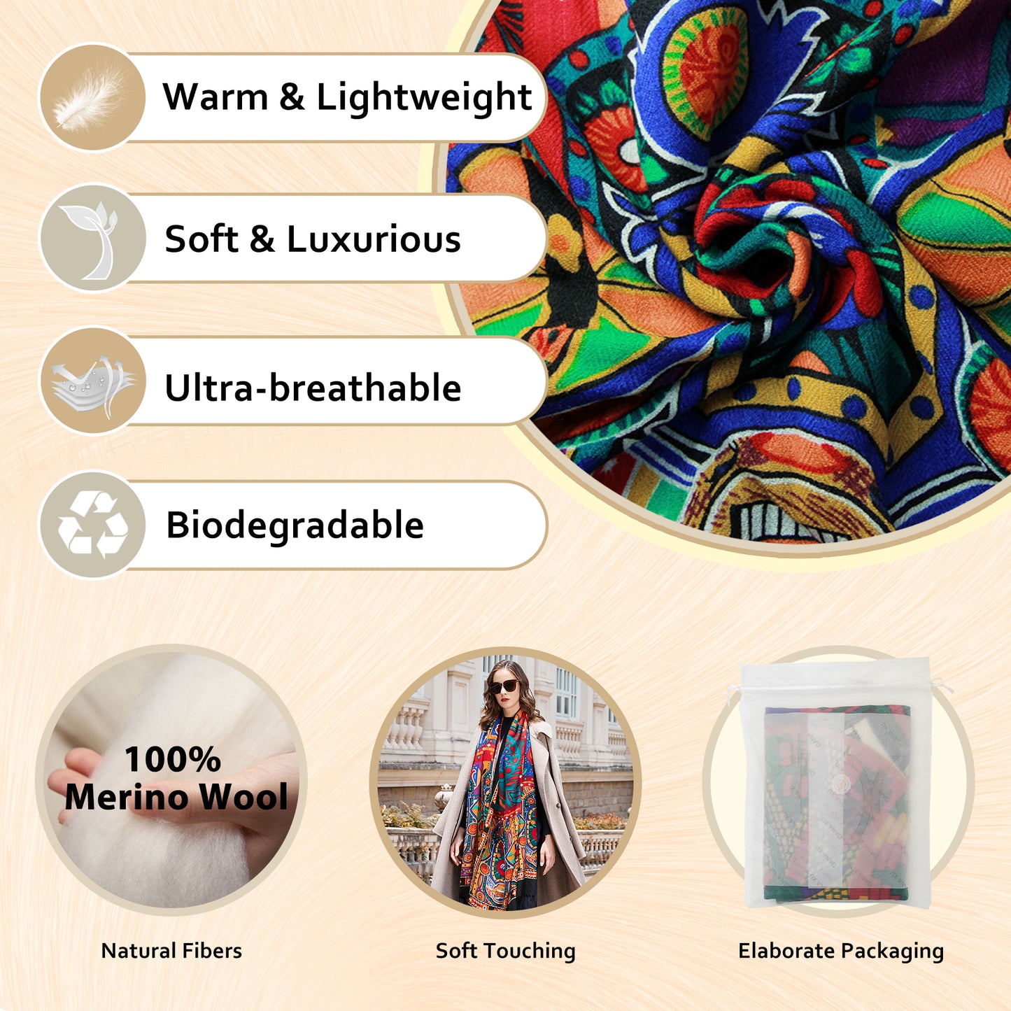 DANA XU 100% Merino Wool Extra Large Pashmina Blanket Travel Scarf Cashmere Wrap for Women Fall Winter Oversize Shawl Floral