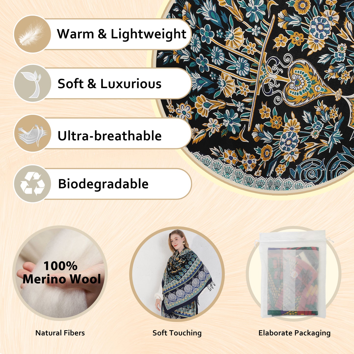 DANA XU 100% Merino Wool Extra Large Pashmina Blanket Travel Scarf Cashmere Wrap for Women Fall Winter Oversize Shawl Floral