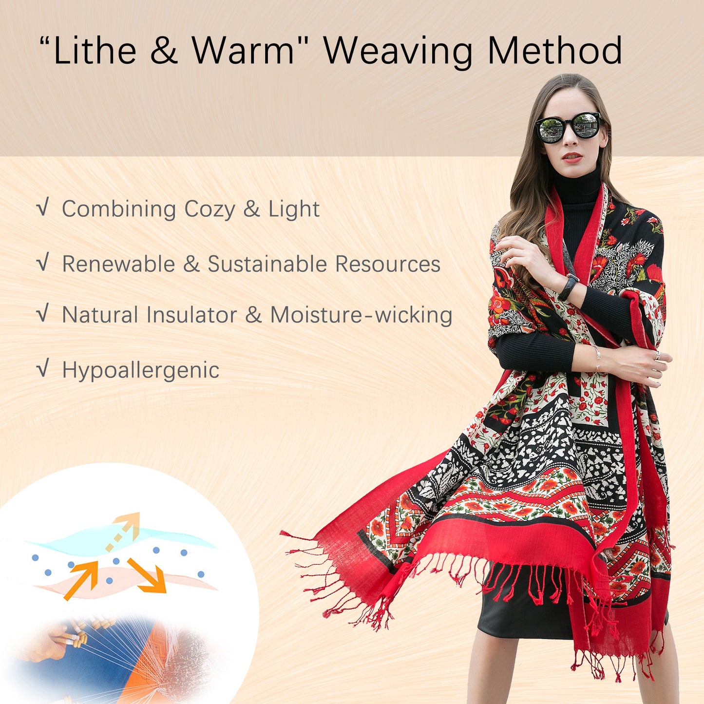 DANA XU 100% Merino Wool Extra Large Pashmina Blanket Travel Scarf Cashmere Wrap for Women Fall Winter Oversize Shawl Floral