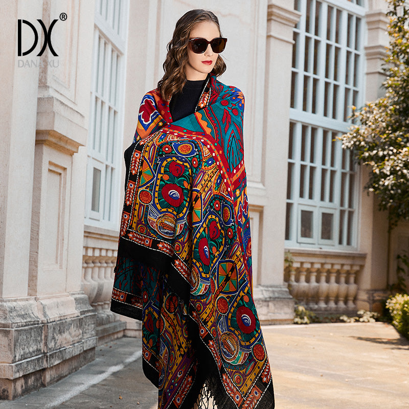 DANA XU 100% Merino Wool Extra Large Pashmina Blanket Travel Scarf Cashmere Wrap for Women Fall Winter Oversize Shawl Floral