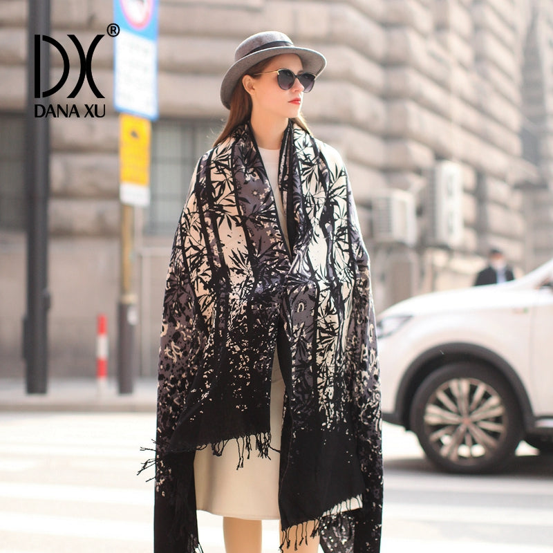 DANA XU 100% Merino Wool Extra Large Pashmina Blanket Travel Scarf Cashmere Wrap for Women Fall Winter Oversize Shawl Floral