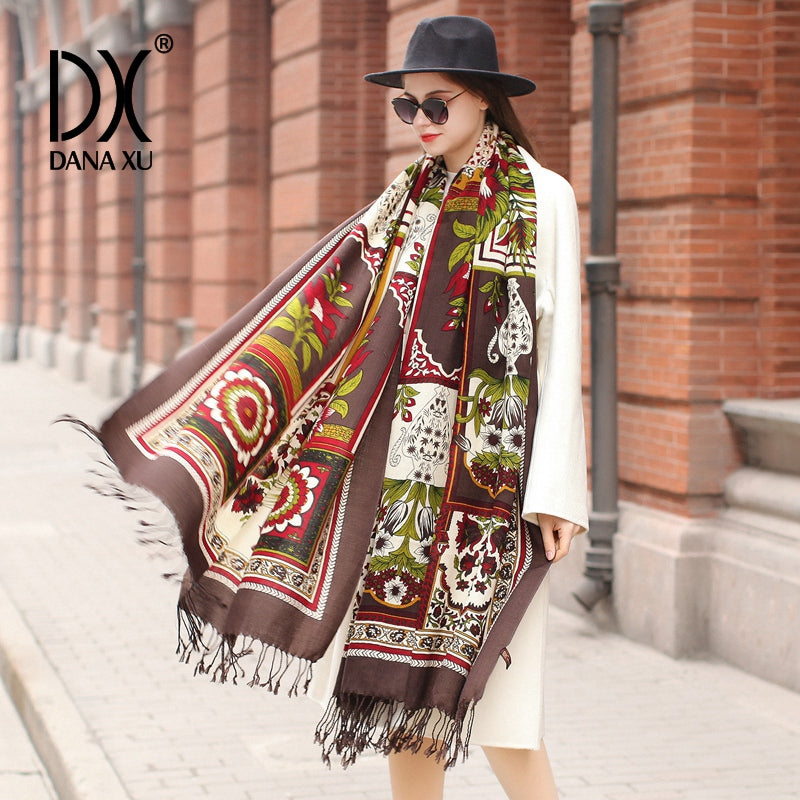 DANA XU 100% Merino Wool Extra Large Pashmina Blanket Travel Scarf Cashmere Wrap for Women Fall Winter Oversize Shawl Floral