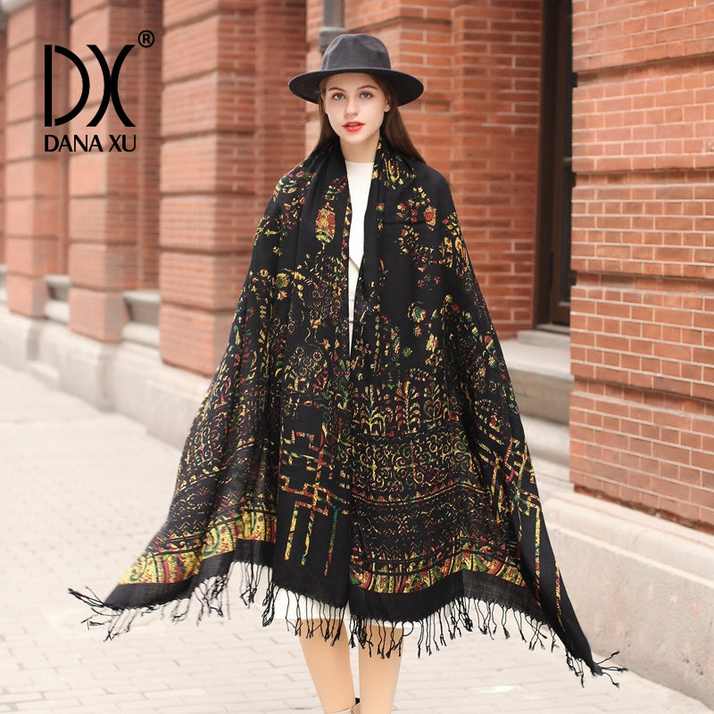 DANA XU 100% Merino Wool Extra Large Pashmina Blanket Travel Scarf Cashmere Wrap for Women Fall Winter Oversize Shawl Floral