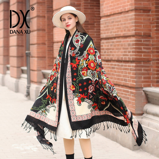 DANA XU 100% Merino Wool Extra Large Pashmina Blanket Travel Scarf Cashmere Wrap for Women Fall Winter Oversize Shawl Floral