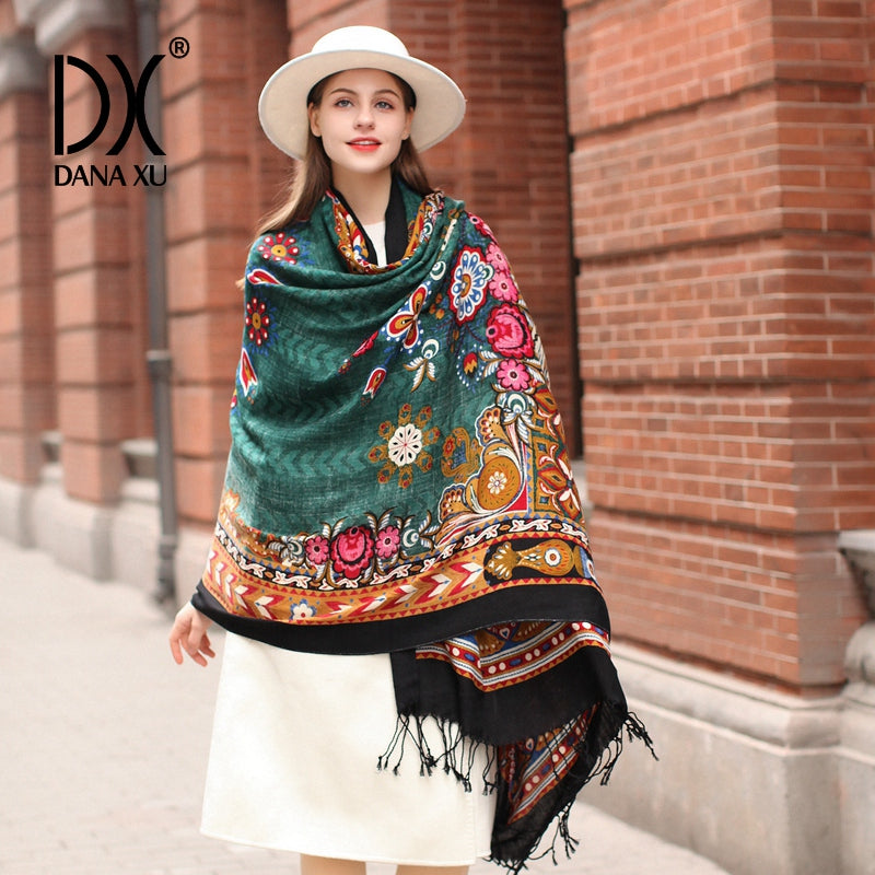 DANA XU 100% Merino Wool Extra Large Pashmina Blanket Travel Scarf Cashmere Wrap for Women Fall Winter Oversize Shawl Floral