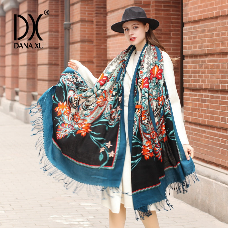DANA XU 100% Merino Wool Extra Large Pashmina Blanket Travel Scarf Cashmere Wrap for Women Fall Winter Oversize Shawl Floral