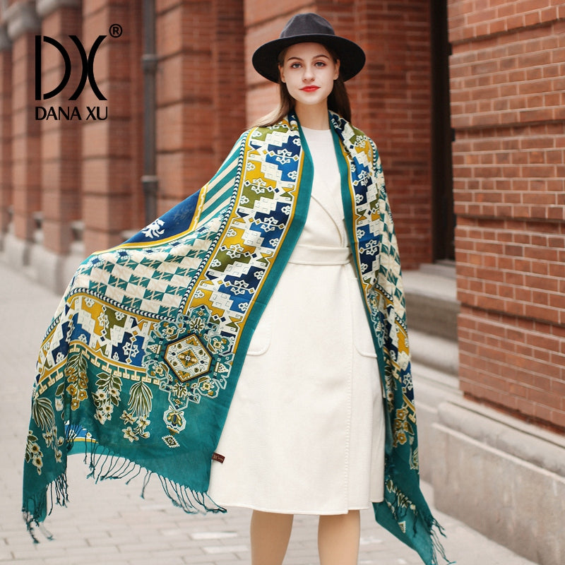 DANA XU 100% Merino Wool Extra Large Pashmina Blanket Travel Scarf Cashmere Wrap for Women Fall Winter Oversize Shawl Floral
