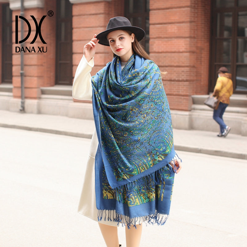 DANA XU 100% Merino Wool Extra Large Pashmina Blanket Travel Scarf Cashmere Wrap for Women Fall Winter Oversize Shawl Floral