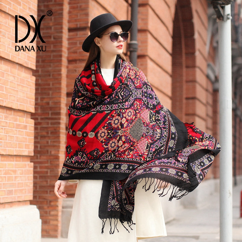 DANA XU 100% Merino Wool Extra Large Pashmina Blanket Travel Scarf Cashmere Wrap for Women Fall Winter Oversize Shawl Floral