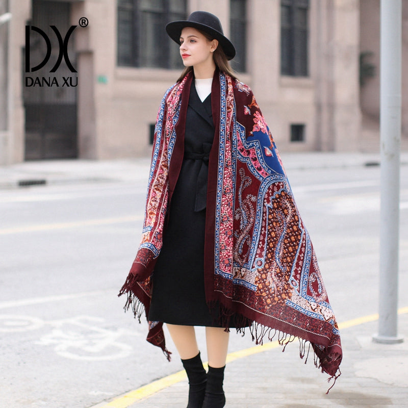 DANA XU 100% Merino Wool Extra Large Pashmina Blanket Travel Scarf Cashmere Wrap for Women Fall Winter Oversize Shawl Floral
