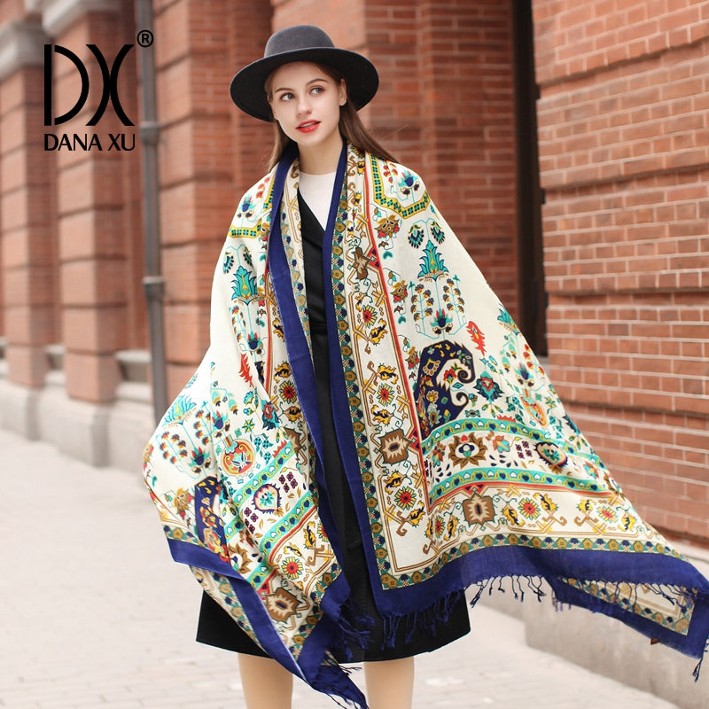 DANA XU 100% Merino Wool Extra Large Pashmina Blanket Travel Scarf Cashmere Wrap for Women Fall Winter Oversize Shawl Floral