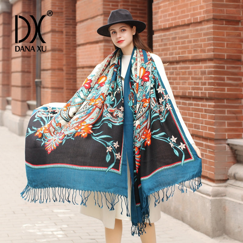 DANA XU 100% Merino Wool Extra Large Pashmina Blanket Travel Scarf Cashmere Wrap for Women Fall Winter Oversize Shawl Floral