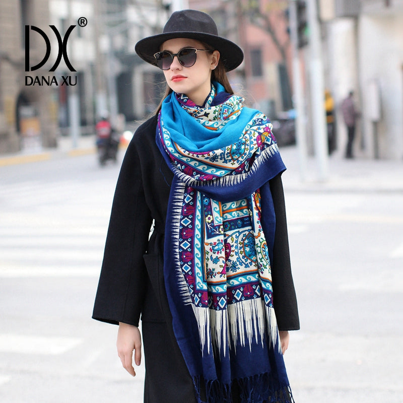 DANA XU 100% Merino Wool Extra Large Pashmina Blanket Travel Scarf Cashmere Wrap for Women Fall Winter Oversize Shawl Floral