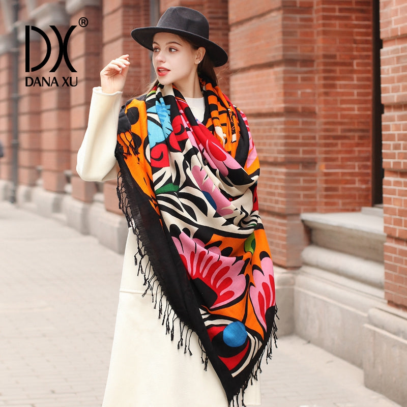 DANA XU 100% Merino Wool Extra Large Pashmina Blanket Travel Scarf Cashmere Wrap for Women Fall Winter Oversize Shawl Floral