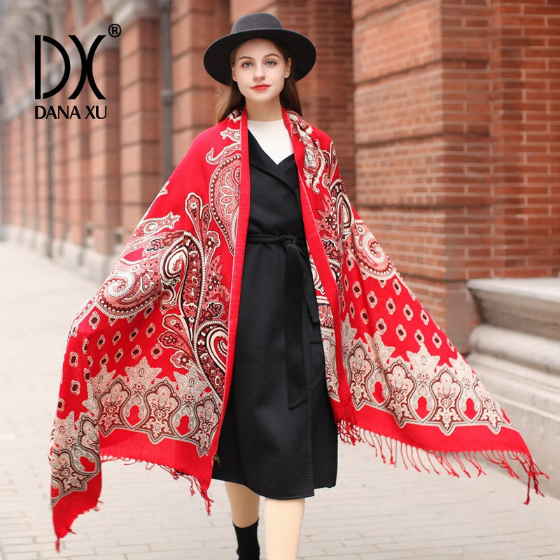 DANA XU 100% Merino Wool Extra Large Pashmina Blanket Travel Scarf Cashmere Wrap for Women Fall Winter Oversize Shawl Floral