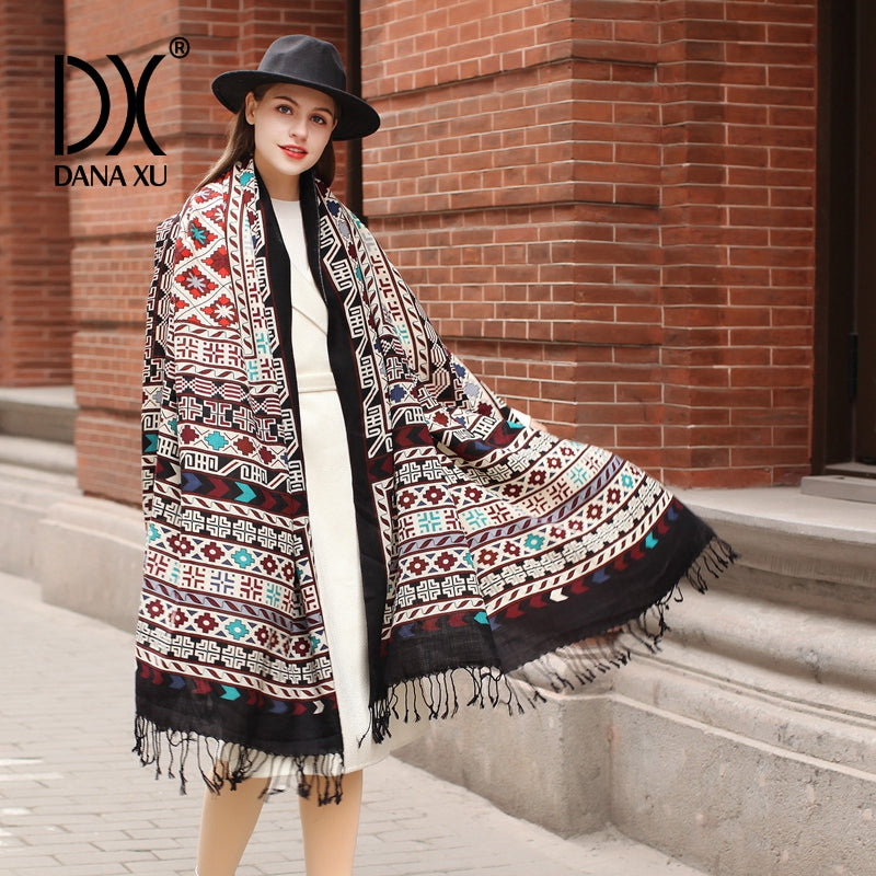 DANA XU 100% Merino Wool Extra Large Pashmina Blanket Travel Scarf Cashmere Wrap for Women Fall Winter Oversize Shawl Floral