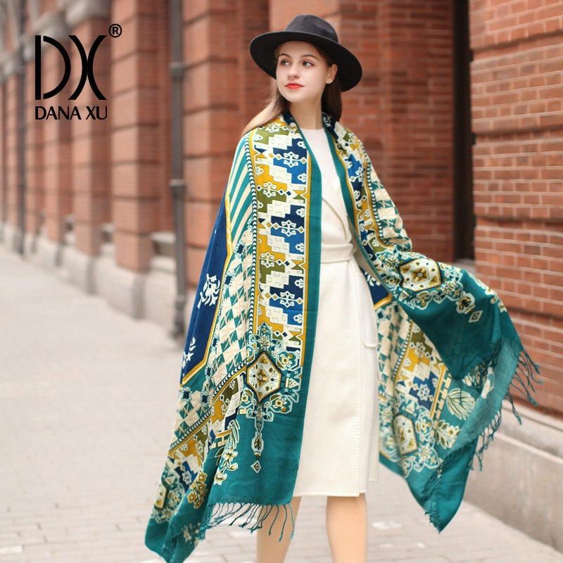 DANA XU 100% Merino Wool Extra Large Pashmina Blanket Travel Scarf Cashmere Wrap for Women Fall Winter Oversize Shawl Floral