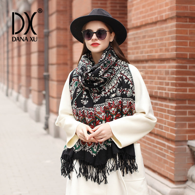 DANA XU 100% Merino Wool Extra Large Pashmina Blanket Travel Scarf Cashmere Wrap for Women Fall Winter Oversize Shawl Floral