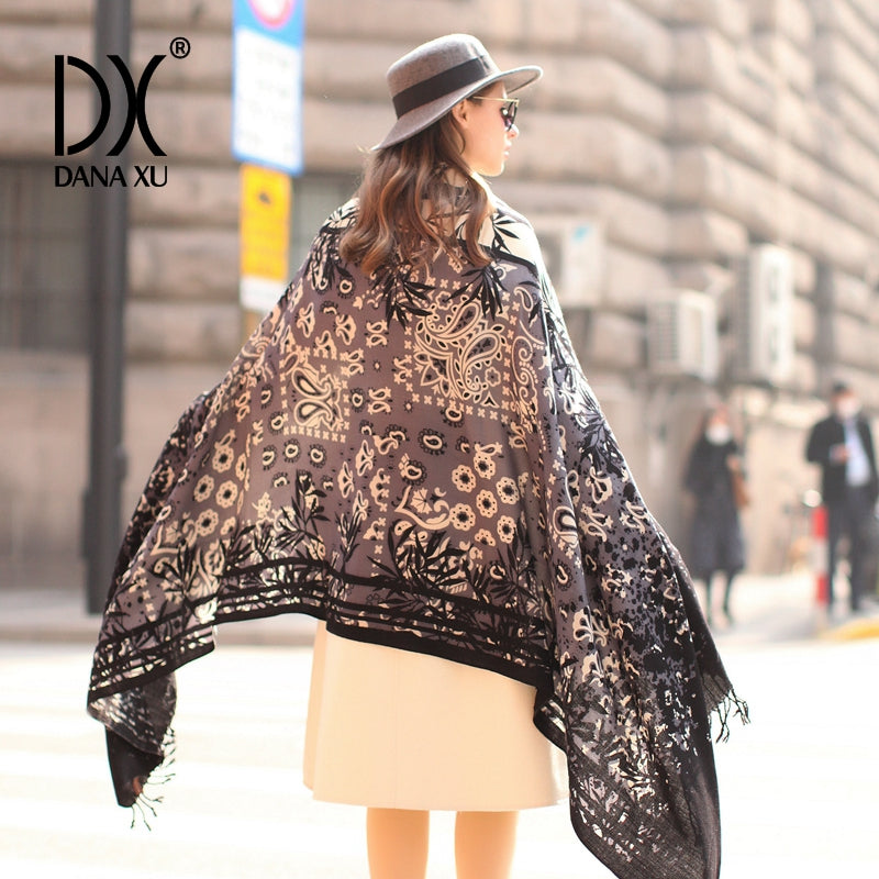 DANA XU 100% Merino Wool Extra Large Pashmina Blanket Travel Scarf Cashmere Wrap for Women Fall Winter Oversize Shawl Floral