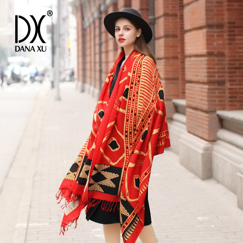 DANA XU 100% Merino Wool Extra Large Pashmina Blanket Travel Scarf Cashmere Wrap for Women Fall Winter Oversize Shawl Floral