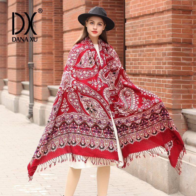 DANA XU 100% Merino Wool Extra Large Pashmina Blanket Travel Scarf Cashmere Wrap for Women Fall Winter Oversize Shawl Floral