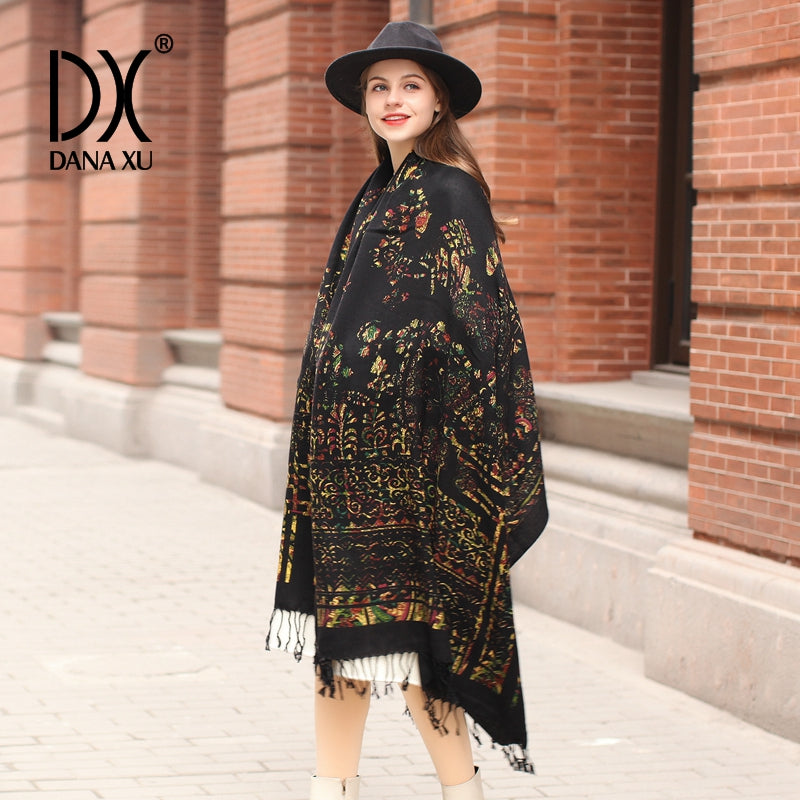 DANA XU 100% Merino Wool Extra Large Pashmina Blanket Travel Scarf Cashmere Wrap for Women Fall Winter Oversize Shawl Floral