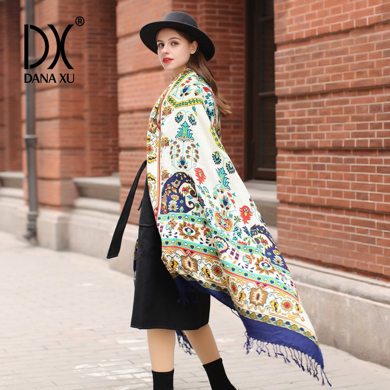 DANA XU 100% Merino Wool Extra Large Pashmina Blanket Travel Scarf Cashmere Wrap for Women Fall Winter Oversize Shawl Floral