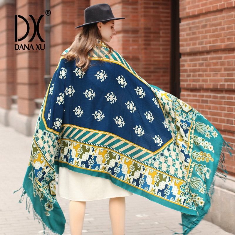 DANA XU 100% Merino Wool Extra Large Pashmina Blanket Travel Scarf Cashmere Wrap for Women Fall Winter Oversize Shawl Floral