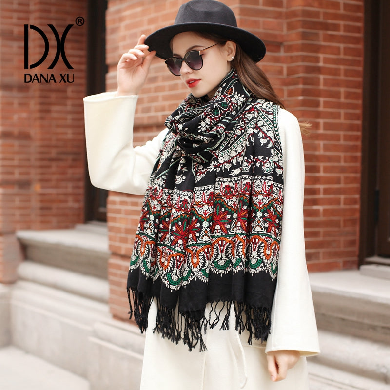 DANA XU 100% Merino Wool Extra Large Pashmina Blanket Travel Scarf Cashmere Wrap for Women Fall Winter Oversize Shawl Floral